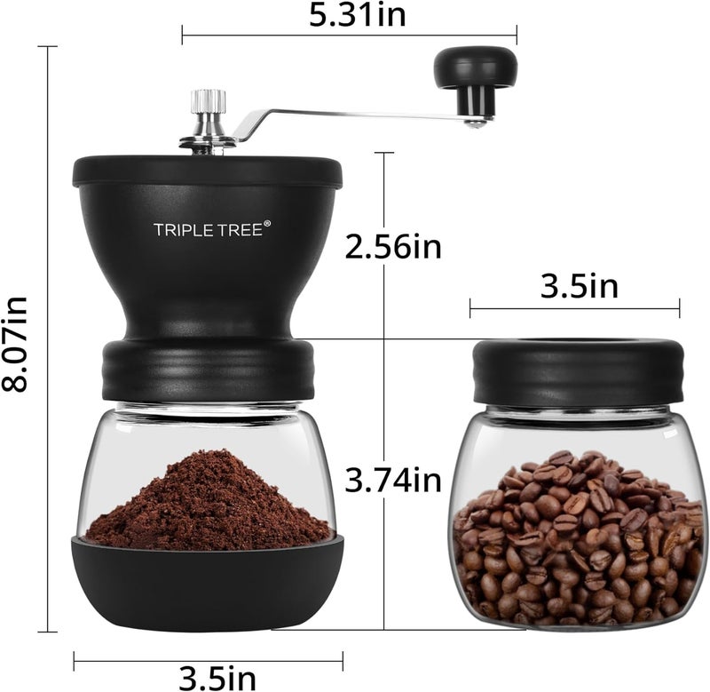 Zaboro Manual Coffee Grinder with Ceramic Burrs and Lengthen Stainless Steel Handle, Hand Coffee Mill with 2 Glass Jars(11oz each), Brush and Tablespoon Scoop, Coffee Bean Grinder for Home, Camping, Black - Image 2